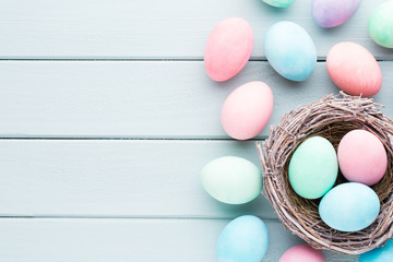 Pastel Easter eggs background. Spring greating card.