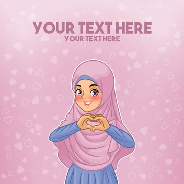 Young muslim woman wearing hijab veil making heart shape with her hands cartoon character design, against purple background, vector illustration.
