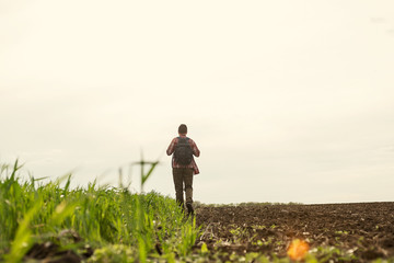 Fototapeta premium alone man walks in the field