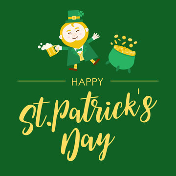 Flat Design, Illustration Of St Patrick's Day Leprechaun With Beer And Pot Of Gold, Vector