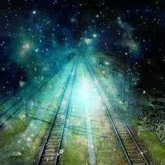 Surreal train tracks go towards the night with star light effect. - 194101464