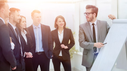 businessman pointing pen on blank Board for presentation