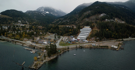 Fototapeta premium Aerial view of Britannia Beach, North of Vancouver, BC, Canada.