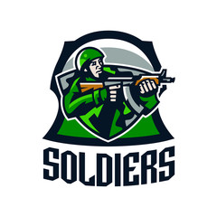 Colorful logo, badge, emblem of a soldier shooting from a submachine gun. Soldier in uniform, helmet, machine gun, military, weapon, camouflage, mascot, shield. Sports identity, vector illustration