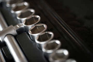  construction tooling on wooden board maintenance concept.