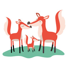 cartoon fox couple and cub over grass in colorful silhouette on white background vector illustration