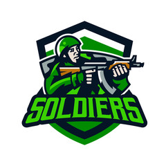 Colorful logo, badge, emblem of a soldier shooting from a submachine gun. Soldier in uniform, helmet, machine gun, military, weapon, camouflage, mascot, shield. Sports identity, vector illustration