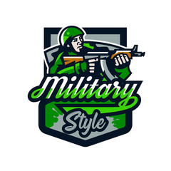 Colorful logo, badge, emblem of a soldier shooting from a submachine gun. Soldier in uniform, helmet, machine gun, military, weapon, camouflage, mascot, shield. Sports identity, vector illustration