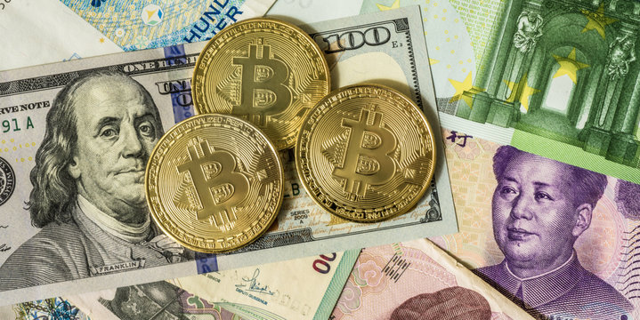 Golden Bitcoin Over Multi Currency Banknotes Dollar, Yuan, Euro