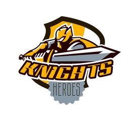 A colorful logo, a sticker, an emblem, a knight is attacking with a sword. Gold armor of the knight, paladin, swordsman, warrior, shield, lettering. Mascot sports club, vector illustration