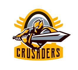 A colorful logo, a sticker, an emblem, a knight is attacking with a sword. Gold armor of the knight, paladin, swordsman, warrior, shield, lettering. Mascot sports club, vector illustration
