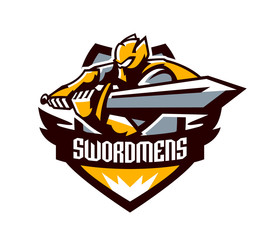A colorful logo, a sticker, an emblem, a knight is attacking with a sword. Gold armor of the knight, paladin, swordsman, warrior, shield, lettering. Mascot sports club, vector illustration