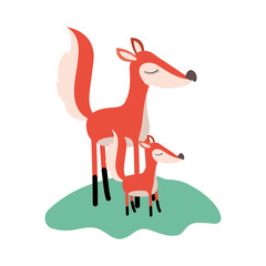 cartoon fox mom and cub over grass in colorful silhouette on white background vector illustration