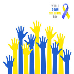 Fototapeta premium World Down Syndrome Day Poster. Blue yellow hands symbol with ribbon icon isolated on white background. Vector illustration