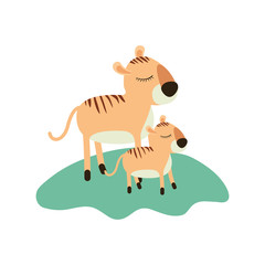 Obraz na płótnie Canvas cartoon tiger mom and cub over grass in colorful silhouette on white background vector illustration