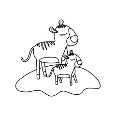 cartoon tiger mom and cub over grass in monochrome silhouette vector illustration