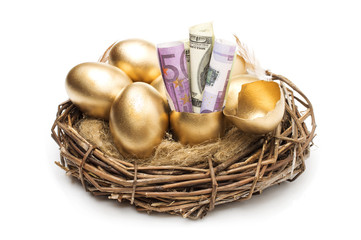 Nest with golden eggs on a white background. Golden Eggs in Nest with of Dollars