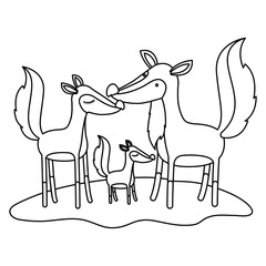 cartoon fox couple and cub over grass in monochrome silhouette vector illustration