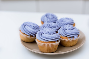 close-up shot of tasty cupcakes with purple cream on plate