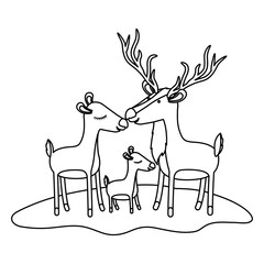 cartoon deer couple and calf over grass in monochrome silhouette vector illustration