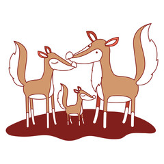 cartoon fox couple and cub over grass in color sections silhouette vector illustration