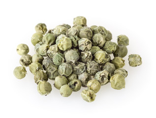 Heap of green peppercorns isolated on white background