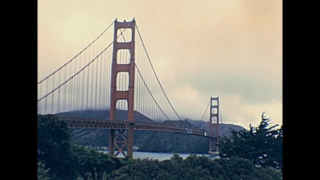 Archival eighties Golden Gate Bridge skyline at Battery East Vista overlook. San Francisco, California, United States in 1980. Battery East Vista.