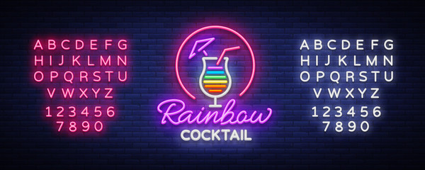 Cocktail logo in neon style. Rainbow Cocktail. Neon sign, Design template for drinks, alcoholic. Light banner, Bright advertising for cocktail bar, party. Vector illustration. Editing text neon sign