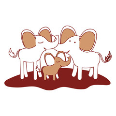 cartoon couple elephants and calf over grass in color sections silhouette vector illustration