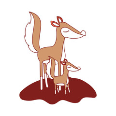 cartoon fox mom and cub over grass in color sections silhouette vector illustration