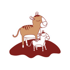 cartoon tiger mom and cub over grass in color sections silhouette vector illustration