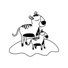 cartoon tiger mom and cub over grass in black silhouette vector illustration