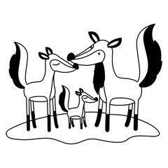 cartoon fox couple and cub over grass in black silhouette vector illustration