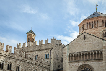 Fototapeta na wymiar The Cathedral of San Vigilio in the Duomo square, Trento, Trentino Alto Adige, Italy. It is the mother church of the Roman Catholic Archdiocese of Trento