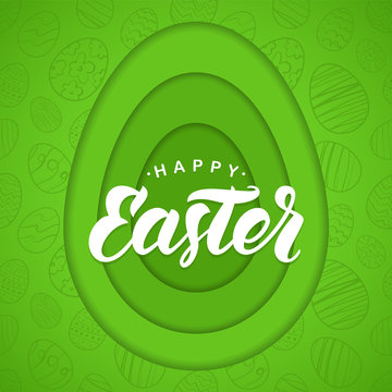 Vector Paper Cut Green Greeting card with handwritten lettering of Happy Easter