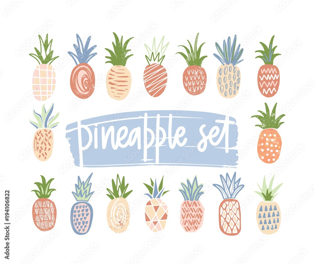 Aufkleber Bundle of hand drawn pineapples of different color and texture isolated on white background. Set of exotic tropical fresh juicy fruits. Colorful vector illustration in cartoon or doodle style.