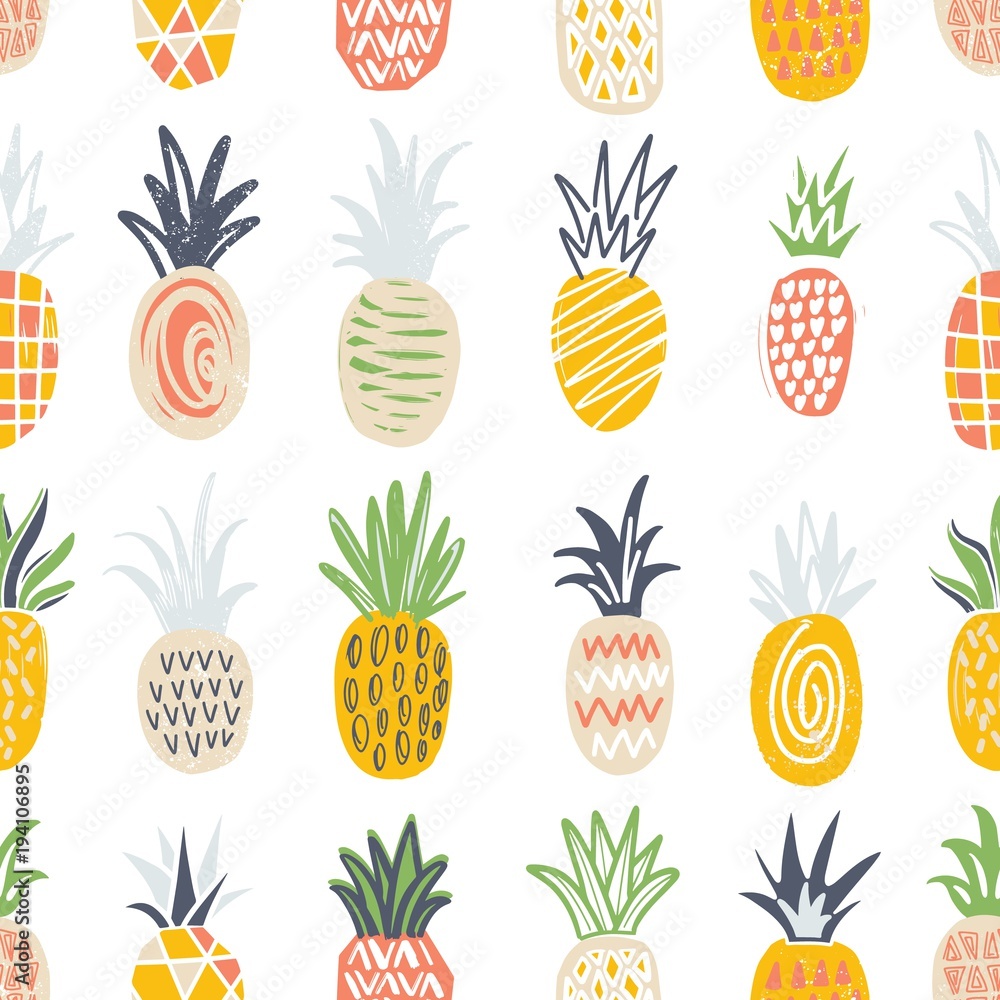 Poster Seamless pattern with pineapples of different color and texture on white background. Backdrop with exotic tropical fresh juicy fruits. Colorful hand drawn vector illustration for wrapping paper.