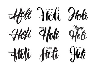 Vector illustration: Big Set of Handwritten brush type lettering of Happy Holi on white background.