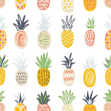 Seamless pattern with pineapples of different color and texture on white background. Backdrop with exotic tropical fresh juicy fruits. Colorful hand drawn vector illustration for wrapping paper.