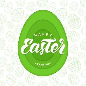 Vector Paper Cut Greeting card with handwritten lettering of Happy Easter Everyone
