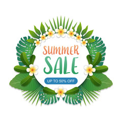 Summer sale background banner with green exotic palm leaves and tropical plants on white background, summer sale concept. Vector illustration
