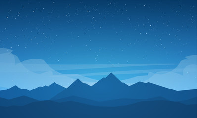 Obraz premium Vector illustration: Flat Night Mountains landscape with stars on the sky