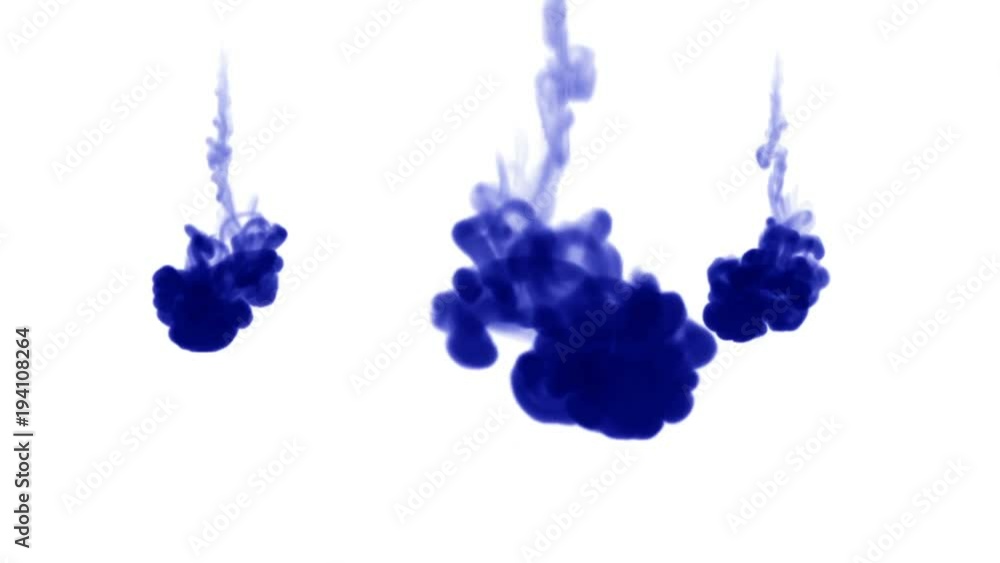 Poster blue ink inject in water on white background. 3d animation with luma matte as alpha channel in slow 