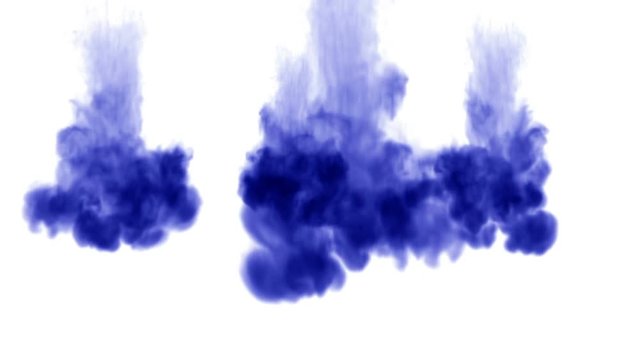blue ink inject in water on white background. 3d animation with luma matte as alpha channel in slow motion. Use for ink effect, transition or beautiful colorful background. V13