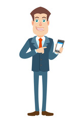 Businessman pointing at mobile phone in his hand