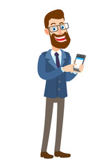 Hipster Businessman pointing his finger at mobile phone