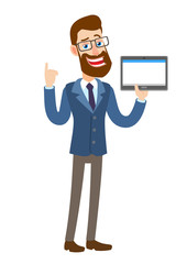 Hipster Businessman holding tablet PC and pointing up