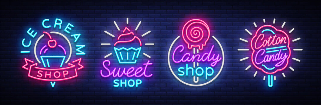 Sweets Shop is collection logos of neon style. Ice cream shop, Cotton Candy. Candy shop collection neon signs, light banner, bright neon sweetening advertisement. Design template. Vector illustration