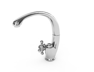 Chrome tap with a water stream isolated on white 3d illustration.