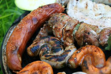 A set of meats baked on the grill during a family picnic in free time. Summer relaxation in the open air.